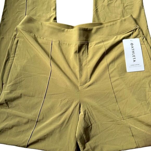 NWT Athleta Olive Green Vienna Slim Split Hem Lightweight Travel Pants size 12/p - Picture 3 of 6